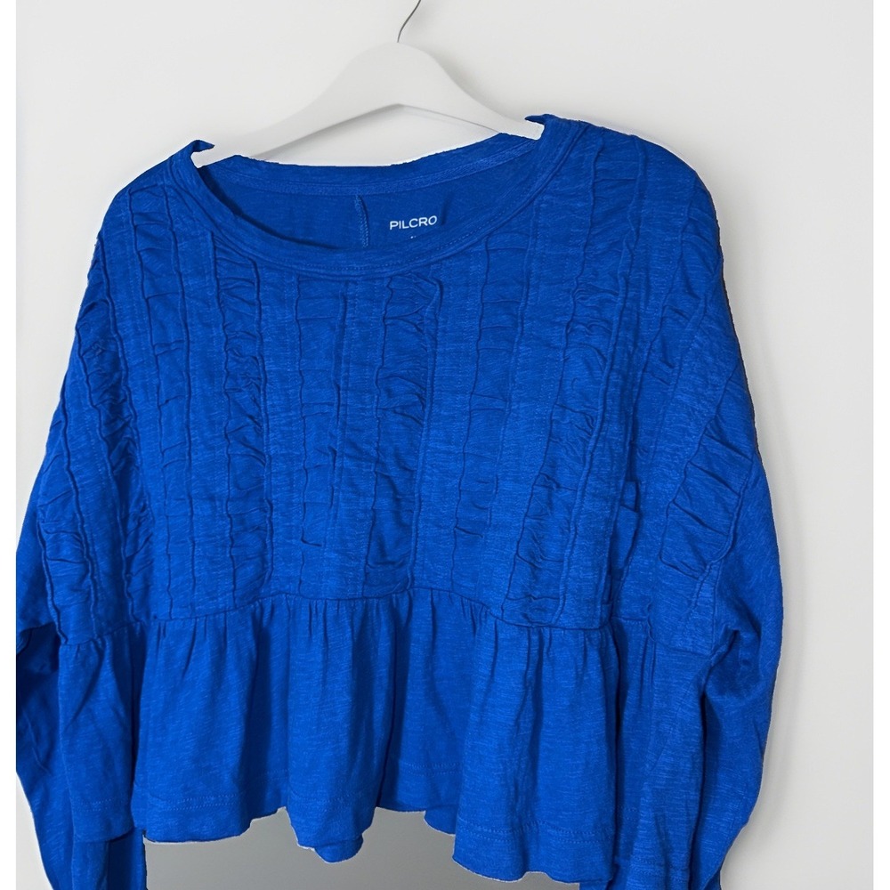 Anthropologie Pilcro Textured Blue Cropped Top Size Medium Blue Peasant Boho - Picture 2 of 5